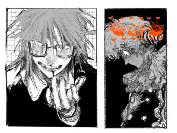 2boys blood clown commentary_request denpa_shougai fangs glasses hand_up male_focus multiple_boys neck_ruff nosebleed randal&#039;s_friends randal_ivory sebastian_de_tomato_smith_chicken_legs short_hair spot_color sweat upper_body