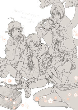 Rule 34 | ashton anchors, bare shoulders, breasts, cape, celine jules, claude c. kenny, cleavage, closed mouth, dragon, dress, elbow gloves, gloves, greyscale, hat, hokuru, jewelry, long hair, monochrome, multiple boys, multiple girls, open mouth, pointy hat, protected link, rena lanford, short hair, skirt, smile, star ocean, star ocean: the second story, white background, witch hat