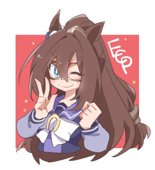Rule 34 | 1girl, ;), beer hsk, bow, clenched hand, closed mouth, cropped torso, el condor pasa (umamusume), eye mask, hands up, initial, long hair, looking at viewer, mask, one eye closed, ponytail, puffy short sleeves, puffy sleeves, purple shirt, school uniform, shirt, short sleeves, smile, solo, tracen school uniform, umamusume, upper body, v, very long hair, white bow