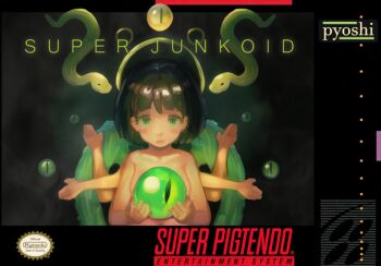 1girl artist_name black_hair brand_name_imitation breasts commentary completely_nude cover disembodied_eye english_commentary extra_arms eyeball fake_cover game_console green_eyes green_wings halo holding holding_eyeball junko_(p.yoshi) light_blush looking_at_viewer navel non-web_source nude original p.yoshi petite short_hair slit_pupils small_breasts snake solo super_nintendo upper_body variant_set video_game_cover wings