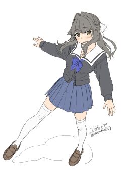 1girl absurdres black_cardigan blue_bow bow breasts brown_eyes cardigan closed_mouth collarbone grey_hair hair_bow highres long_hair long_sleeves looking_at_viewer medium_breasts original pleated_skirt sailor_collar school_uniform shoes simple_background skirt solo thighhighs unasaka_ryou white_background white_bow white_sailor_collar white_skirt white_thighhighs zettai_ryouiki