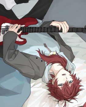 Rule 34 | black pants, blue hoodie, commentary, green eyes, grey jacket, guitar, hair between eyes, holding, holding guitar, holding instrument, hood, hood down, hoodie, inedible0217, instrument, jacket, korean commentary, lauren iroas, lauren iroas (3rd costume), long hair, long sleeves, lying, male focus, nijisanji, official alternate costume, on back, on bed, open clothes, open jacket, open mouth, pants, ponytail, red hair, side ponytail, socks, solo, upside-down, virtual youtuber, white socks