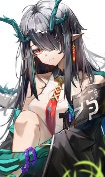 1girl absurdres arknights bare_shoulders beads black_hair black_jacket chinese_commentary cleavage_cutout closed_mouth clothing_cutout colored_extremities commentary_request dragon_girl dragon_horns dusk_(arknights) earrings hair_over_one_eye highres horns jacket jewelry light_smile liuyunnnn long_hair looking_at_viewer multicolored_hair necktie off_shoulder one_eye_covered orange_eyes pointy_ears red_necktie solo streaked_hair