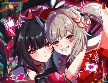 2girls bell black_choker braid brown_hair choker commentary diamond_(shape) diamond_facial_mark dual_persona facial_mark heart heart_facial_mark honkai:_star_rail honkai_(series) looking_at_viewer multicolored_hair multiple_girls neck_bell om_rm1101 red_eyes sparkle_(honkai:_star_rail) sparxie_(honkai:_star_rail) streaked_hair symbol-shaped_pupils white_hair