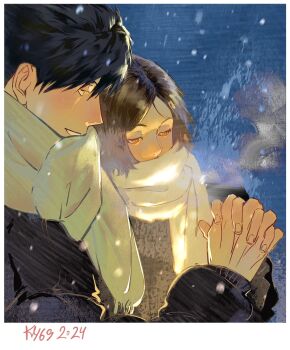 Rule 34 | 2024, 2boys, artist name, black hair, brown hair, couple, haikyuu!!, hashtag-only commentary, highres, holding hands, kozume kenma, kuroo tetsurou, ky 69, male focus, multiple boys, polaroid photo, scarf, short hair, snowing, teeth, winter clothes, yaoi