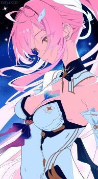 Rule 34 | 1girl, absurdres, aemeath (wuthering waves), ahoge, bare shoulders, breasts, cleavage, closed mouth, commentary, detached sleeves, floating hair, from side, hair ornament, hairclip, highres, kabu xblezzz, leotard, long hair, medium breasts, mole, mole on shoulder, orange eyes, pink hair, ponytail, solo, star (sky), tacet mark (wuthering waves), untranslatable commentary, white leotard, wuthering waves