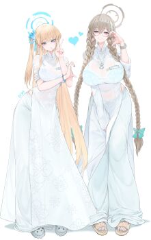 2girls ;d absurdres akane_(blue_archive) alternate_costume alternate_hairstyle bag blonde_hair blue_archive bra_visible_through_clothes bracelet braid breasts commentary covered_navel crocs dishwasher1910 dress earrings english_commentary fingernails floral_print flower full_body glasses grin hair_flower hair_ornament hair_ribbon half-heart_hands halo highres huge_breasts impossible_clothes impossible_dress jewelry large_breasts light_brown_hair long_hair long_sleeves looking_at_viewer multiple_girls nail_polish name_tag one_eye_closed one_side_up open_mouth pants pelvic_curtain ribbon round_eyewear simple_background smile straight_hair toenail_polish toenails toki_(blue_archive) twin_braids v very_long_hair ao_dai white_background white_dress white_pants