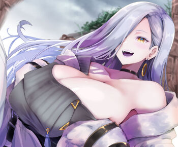 1boy 1girl asahi_(fullmetal_madness) bare_shoulders blue_lips blush breasts breasts_squeezed_together choker cleavage collarbone dress earrings eyeliner fate/grand_order fate_(series) grey_dress hair_over_one_eye hoop_earrings implied_paizuri jacket jewelry large_breasts long_hair long_sleeves makeup mrs._snake_(fate) off_shoulder open_mouth smile solo sweater sweater_dress tassel white_hair white_jacket yellow_eyes