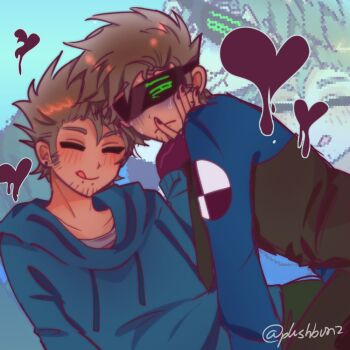 Rule 34 | 2boys, alien stage, alternate skin color, animification, black gloves, black nails, black necktie, black vest, blue hoodie, blue shirt, blush, boy on top, brown hair, cherry (plushbunz), collared shirt, commentary, dark skin, darkened skin, derivative work, drawstring, dual persona, eddsworld, english commentary, facial hair, fingerless gloves, future tom (eddsworld), gloves, goatee stubble, hand on another's chin, head-mounted display, heart, hollow eyes, hood, hood down, hoodie, lcd, licking lips, long sleeves, looking at viewer, male focus, multiple boys, necktie, nervous, parody, selfcest, shirt, short hair, sideburns, signature, snakebite (piercing), spiked hair, stubble, sweat, tan, time paradox, tom (eddsworld), tongue, tongue out, vest, yaoi, zoom layer