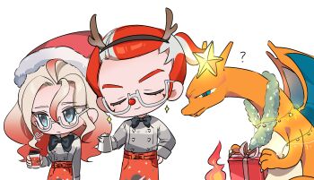 1boy 1girl ? apron black_bow black_bowtie blue_eyes bow bowtie box charizard chibi chibi_only closed_mouth commentary_request cup ebi_(shrimp_eleven) fire gen_1_pokemon gift gift_box grey_shirt griselle_(pokemon) grisham_(pokemon) hair_between_eyes hairband hand_on_own_hip highres holding holding_cup multicolored_hair nintendo pokemon pokemon_(creature) pokemon_legends:_z-a ponytail semi-rimless_eyewear shirt short_ponytail smile sparkle two-tone_hair waist_apron