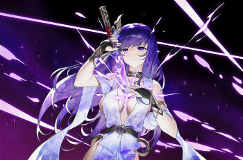 1girl alternate_costume alternate_universe ancient_greek_clothes armlet bare_shoulders belt black_belt blunt_bangs breasts bridal_gauntlets choker choker_jewel cleavage cleavage_cutout clothing_cutout collarbone commentary_request drawing_sword dress electricity flower flower_ornament genshin_impact glowing glowing_sword glowing_weapon gradient_hair greco-roman_clothes hair_ornament hand_on_own_chest head_tilt highres holding holding_sword holding_weapon human_scabbard jewelry katana large_breasts looking_at_viewer mitsudomoe_(shape) mole mole_under_eye multicolored_hair musou_isshin_(genshin_impact) parted_lips purple_background purple_eyes purple_flower purple_hair purple_nails raiden_shogun sideboob sleeveless solo space star_(sky) sword sword_between_breasts teeth tomoe_(symbol) upper_body weapon xiaoxiaoxiao_x