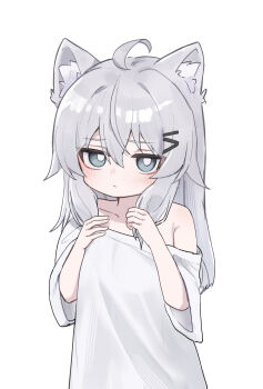 1girl absurdres animal_ears bare_shoulders cat_ears cat_girl child grey_eyes grey_hair highres holding holding_own_hair jitome long_hair looking_at_viewer mamemirion off_shoulder original oversized_clothes oversized_shirt raised_inner_eyebrows shirt shirt_slip simple_background white_background white_shirt worried