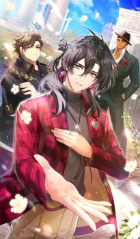 Rule 34 | 3boys, architecture, black hat, black jacket, black pants, black sclera, black suit, blue sky, bolo tie, brooch, brown hair, brown pants, caligula (fate), chaldea boys collection, chaldea juukou monogatari, closed mouth, cloud, coat, colored sclera, commentary, constantine xi (eternal roma) (fate), constantine xi (fate), crossed arms, dark-skinned male, dark skin, double-parted hair, dress pants, dress shirt, dutch angle, earrings, fat, fat man, fate/grand order, fate (series), fedora, flower, flower request, formal clothes, gaius julius caesar (eternal roma) (fate), gaius julius caesar (fate), glasses, glint, green eyes, grey eyes, grey shirt, hair between eyes, hand in pocket, hand on own chest, hat, headscarf, jacket, jewelry, lapels, legs apart, long hair, long sleeves, looking at viewer, male focus, matori (penguin batake), mini eyewear, multiple boys, multiple rings, necklace, no eyebrows, notched lapels, offering hand, official alternate costume, official art, open clothes, open coat, outdoors, pants, parted lips, partially unbuttoned, pectoral cleavage, pectorals, pince-nez, plaid clothes, plaid coat, red coat, red eyes, red headscarf, ring, romulus (eternal roma) (fate), romulus (fate), round eyewear, shirt, short hair, sky, smile, solo focus, suit, suit jacket, third-party source, tilted headwear, toned, toned male, turtleneck, turtleneck shirt, two-sided coat, two-sided fabric, white flower, white shirt, wind, wing collar