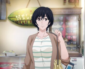 1girl black_hair brown_eyes highres looking_at_viewer medium_hair serizawa_kana shopping smile sweater upper_body