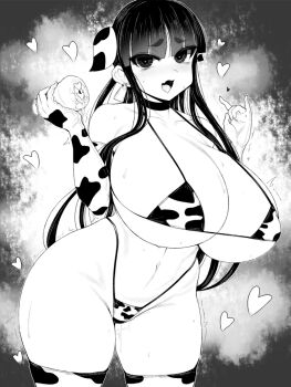 Rule 34 | 1girl, animal ears, animal print, artificial vagina, bikini, blunt bangs, breasts, censored, cleavage, collarbone, commentary request, cow ears, cow print, cow print bikini, cow print gloves, cow print thighhighs, curvy, dildo, fang, gloves, greyscale, groin, haseru (ginku mh), heart, heart-shaped pupils, heart censor, holding, holding sex toy, huge breasts, long hair, looking at viewer, monochrome, navel, open mouth, original, print bikini, print gloves, print thighhighs, pussy juice, sex toy, short eyebrows, skin fang, solo, sweat, swimsuit, symbol-shaped pupils, thighhighs