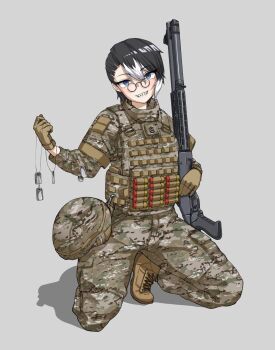 1girl absurdres benelli_m4 blue_eyes bulletproof_vest camouflage camouflage_headwear camouflage_jacket camouflage_pants ceramic_plate commission dog_tags evil_smile full_body glasses gun helmet highres jacket kneeling ko_baumann looking_at_viewer military_rank_insignia multicolored_hair original pants round_eyewear sharp_teeth shell shotgun shotgun_shell simple_background smile soldier streaked_hair teeth trophy united_states_army unworn_headwear weapon woodland_camouflage