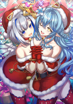 2girls absurdres amane_kanata angel angel_wings asymmetrical_docking blue_hair blue_streaks breast_press breasts choker commentary_request dress elf flower fur-trimmed_dress fur-trimmed_headwear fur_trim gloves grey_hair hair_flower hair_ornament halo hat highres hololive interlocked_fingers large_breasts long_hair looking_at_another multicolored_hair multiple_girls open_mouth pointy_ears red_choker red_dress red_gloves red_hat red_thighhighs santa_costume santa_dress short_hair small_breasts smile star_halo streaked_hair teku_(2nd_escape) thighhighs very_long_hair virtual_youtuber wings yukihana_lamy
