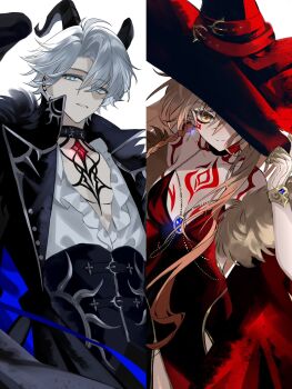 1boy 1girl absurdres alternate_costume antenna_hair black_coat black_collar black_wings blonde_hair blue_eyes blue_gemstone braid breast_tattoo breasts chest_tattoo chinese_commentary coat collar commentary_request demon_horns dress earrings facial_tattoo frilled_shirt frills fur_trim gem genderswap genderswap_(mtf) gradient_hair hat highres honkai:_star_rail honkai_(series) horns jewelry long_hair medium_breasts multicolored_hair mydei_(honkai:_star_rail) necklace parted_bangs partially_unbuttoned pectoral_cleavage pectorals phainon_(honkai:_star_rail) red_dress red_gemstone red_hair red_hat shirt short_hair side_braid sleeveless sleeveless_dress tattoo very_long_hair white_hair white_shirt wings witch_hat yellow_eyes yigenzhen26389