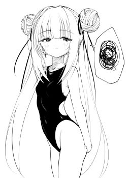 Rule 34 | 1girl, :t, absurdres, alternate costume, alternate hairstyle, arm behind back, armpit crease, bare shoulders, blunt bangs, blush, breasts, closed mouth, collarbone, competition swimsuit, cowboy shot, double bun, eyelashes, eyes visible through hair, hair bun, hair intakes, hair ribbon, highleg, highleg one-piece swimsuit, highres, long hair, looking at viewer, monochrome, murasame (senren), one-piece swimsuit, pout, ribbon, senren banka, sidelocks, simple background, small breasts, solo, speech bubble, split mouth, spoken squiggle, squiggle, straight hair, swimsuit, thighs, tsurime, twintails, uoouchan, very long hair, white background