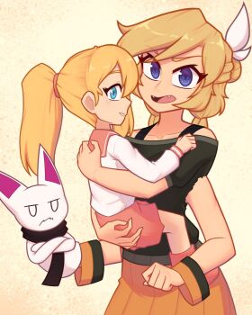 2girls absurdres ankle_boots artist_self-insert black_scarf black_shirt blank_eyes blonde_hair blue_eyes boots brooklyn_nine-nine carrying child child_carry closed_mouth commentary cowboy_shot crossed_arms cutie_(yohocutie) english_commentary extra_arms fangs frown hair_tie hand_puppet highres jitome long_sleeves looking_at_viewer multiple_girls nelly_(xyronii) open_mouth orange_skirt original parted_lips pink_boots pink_skirt pointy_ears puppet scarf shirt skirt white_shirt xyronii yellow_background