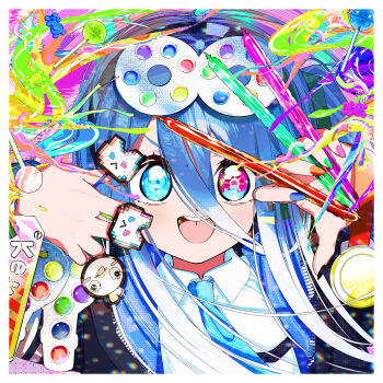 Rule 34 | 1girl, absurdres, aris (blue archive), blue archive, blue bow, blue bowtie, blue hair, bow, bowtie, collar, floating hair, hair between eyes, heterochromia, highres, looking at viewer, memo2tuika, multicolored nails, open mouth, portrait, v-shaped eyebrows