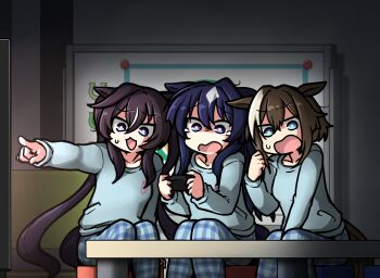 3girls :3 alternate_costume animal_ears between_legs blue_eyes blue_hair brown_hair casual checkered_clothes checkered_pants cheval_grand_(umamusume) commentary_request controller dark_room ears_down feet_out_of_frame game_controller hair_between_eyes hamu_koutarou hand_between_legs holding holding_controller holding_game_controller horse_ears horse_girl horse_tail long_hair long_sleeves multicolored_hair multiple_girls open_mouth pajamas pants playing_games pointing pointing_at_object raised_inner_eyebrows scared shaded_face short_hair sidelocks sitting streaked_hair sweatdrop table tail teardrop umamusume verxina_(umamusume) very_long_hair vivlos_(umamusume) watching_television whiteboard