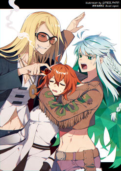 1boy 2girls ahoge anger_vein aqua_hair artist_name belt belt_buckle black_nails blonde_hair brown_belt brown_jacket buckle chromatic_aberration cigarette closed_eyes colored_inner_hair commentary_request crystal_hair fate/grand_order fate_(series) fringe_trim fujimaru_ritsuka_(female) fujimaru_ritsuka_(female)_(decisive_battle_chaldea_uniform) green_eyes green_hair head_hug height_difference highres hug jacket jewelry kukulkan_(fate) kukulkan_(first_ascension)_(fate) long_hair long_sleeves looking_at_another meiji_ken midriff multicolored_hair multiple_girls nail_polish navel necklace open_mouth orange-tinted_eyewear orange_hair sandwiched sharp_teeth simple_background skull smoking sunglasses sweatdrop teeth tezcatlipoca_(fate) tezcatlipoca_(first_ascension)_(fate) tinted_eyewear toned tongue twitter_username white_background