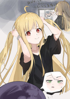 Rule 34 | 2girls, absurdres, ahoge, black shirt, blonde hair, bracelet, cho kaguya-hime!, commentary request, diamond-shaped pupils, diamond (shape), green eyes, highres, jewelry, kaguya (cho kaguya-hime!), kure (kuremnn), long hair, looking at viewer, mole, mole under eye, multiple girls, open mouth, partial commentary, red eyes, revision, sakayori iroha, shirt, short sleeves, sidelocks, symbol-shaped pupils, twintails