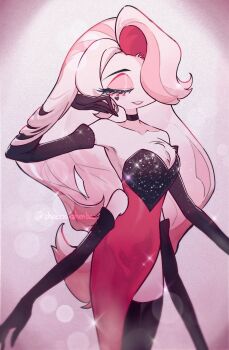 Rule 34 | 1boy, angel dust, black gloves, breasts, commentary, crossdressing, drag queen, dress, elbow gloves, english commentary, gloves, hazbin hotel, hellaverse, highres, large breasts, long hair, pink hair, red dress, side slit, smile, solo, thighs, zzhenpotatochips