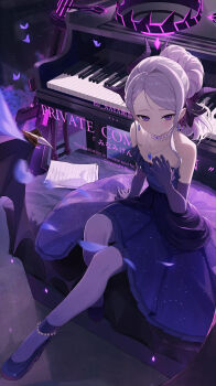 1girl absurdres artist_name bare_shoulders bead_choker beads blue_archive blush closed_mouth commission demon_girl demon_horns demon_wings dress elbow_gloves gloves hair_bun highres hina_(blue_archive) hina_(dress)_(blue_archive) horns instrument jewelry looking_at_viewer necklace official_alternate_costume official_alternate_hairstyle pantyhose piano purple_dress purple_eyes purple_gloves purple_pantyhose purple_shoes re_naya shoes sidelocks sitting sleeveless sleeveless_dress smile solo strapless strapless_dress wings