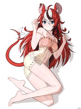 1girl :3 absurdres animal_ear_fluff animal_ears babydoll barefoot black_hair blue_eyes bow breasts cleavage_cutout closed_mouth clothing_cutout colored_tips commentary double-parted_bangs english_commentary feet front_slit full_body hair_between_eyes hakos_baelz hakos_baelz_(strawberry_onesie) highres hololive hololive_english long_hair looking_at_viewer lying medium_breasts mouse_ears mouse_girl mouse_tail multicolored_hair navel official_alternate_costume paid_reward_available polka_dot_babydoll red_hair short_shorts shorts simple_background solo strap_slip streaked_hair tail tail_bow tail_ornament toes virtual_youtuber white_background white_hair x_xith_x yellow_babydoll yellow_shorts