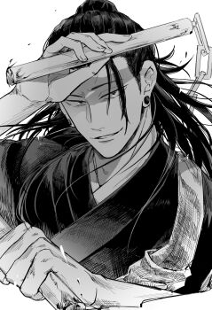 Rule 34 | 1boy, closed mouth, commentary request, ear piercing, getou suguru, greyscale, hair bun, hair pulled back, hair slicked back, holding, holding nunchaku, holding weapon, japanese clothes, jujutsu kaisen, long hair, looking at viewer, male focus, monochrome, nay bb, nunchaku, parted lips, piercing, plug (piercing), short hair, simple background, teeth, upper body, weapon, white background