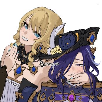 Rule 34 | 2girls, bare shoulders, black hat, blonde hair, blue eyes, blue flower, blue nails, blue rose, bunnyoki, clorinde (genshin impact), commentary, english commentary, flower, genshin impact, grin, hand up, hat, hat flower, highres, lipstick mark, long hair, multiple girls, nail polish, navia (genshin impact), portrait, purple eyes, purple hair, rose, smile, upper body, yellow flower, yellow rose, yuri