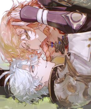 2boys antenna_hair armlet armor black_coat black_shirt blonde_hair blue_eyes blue_gem braid chest_tattoo coat earrings eye_contact from_side gem glazed108642 gold_earrings gold_necklace gradient_hair hand_in_another's_hair hand_on_another's_head hashtag-only_commentary highres honkai:_star_rail honkai_(series) jewelry looking_at_another lying male_focus medium_hair multicolored_hair multiple_boys mydei_(honkai:_star_rail) necklace on_back open_clothes open_coat parted_bangs pauldrons phainon_(honkai:_star_rail) profile red_hair red_tattoo shirt short_hair shoulder_armor side_braid single_pauldron tattoo white_coat white_hair yaoi yellow_eyes