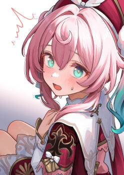 1girl absurdres blue_hair blush character_request commentary_request copyright_request gradient_hair green_eyes hat highres long_sleeves looking_at_viewer multicolored_hair open_mouth pink_hair red_hat sitting solo twintails welt_(kinsei_koutenkyoku)