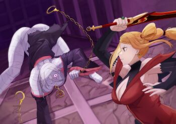 2girls absurdres akihitoevon ass bandaged_head bandages bare_shoulders braid braided_bangs breasts bridal_gauntlets chain chain_around_neck cleavage dress earrings fighting flexible gold_chain highres holding holding_chain holding_sword holding_weapon hook jewelry large_breasts long_hair looking_at_another multiple_girls orange_hair priscilla_barielle purple_eyes purple_robe re:zero_kara_hajimeru_isekai_seikatsu red_dress red_eyes robe single_braid sirius_(re:zero) smile spread_legs standing sword teardrop_earrings top-down_bottom-up torn_clothes weapon wide_spread_legs