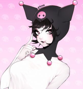 1girl black_hair black_hood black_lips bodysuit breasts closed_mouth commentary hair_between_eyes highres hood hood_up hooded_bodysuit index_finger_raised kuromi lips lipstick long_hair long_sleeves looking_at_viewer makeup medium_breasts onegai_my_melody personification pink_background pink_eyes sanrio short_hair smile solo swept_bangs teyoid tongue tongue_out upper_body white_bodysuit
