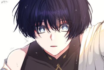 1boy black_bodysuit black_hair blue_eyes blunt_ends bodysuit bright_pupils choppy_bangs commentary covered_collarbone dlgodls0731 eyeliner eyeshadow genshin_impact highres japanese_clothes kimono looking_at_viewer makeup male_focus mandarin_collar open_mouth portrait pov red_eyeliner red_eyeshadow scaramouche_(genshin_impact) single_bare_shoulder single_off_shoulder solo symbol-only_commentary tsurime wanderer_(genshin_impact) wet white_background white_kimono white_pupils white_sleeves wide-eyed