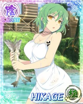 Rule 34 | 1girl, :o, animal, border, breast tattoo, breasts, card (medium), character name, cleavage, day, dress, fish, game cg, green hair, hikage (senran kagura), hip tattoo, holding, holding animal, holding fish, large breasts, looking at viewer, medium hair, official art, outdoors, river, senran kagura, senran kagura new wave, shoulder tattoo, slit pupils, snake tattoo, solo, sundress, tattoo, third-party source, tree, turning head, wading, water, wet, wet clothes, wet dress, white dress, yellow eyes