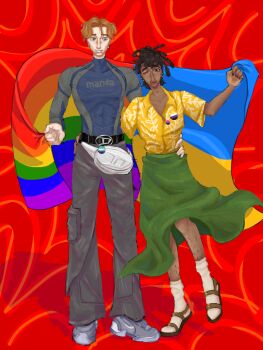 2boys belt black_hair blonde_hair blue_eyes brown_hair dark-skinned_male dark_skin dreadlocks flag freckles green_skirt hand_on_another's_hip interracial multiple_boys ogirok one_eye_closed original rainbow_flag sandals shirt skirt smile socks ukrainian_flag