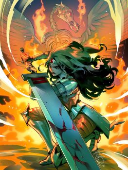 1girl absolute_dc absolute_wonder_woman animal_skeleton armored_boots black_hair blood bloody_weapon boots dc_comics fire highres holding holding_sword holding_weapon huge_weapon long_hair looking_at_viewer mirka_andolfo official_alternate_costume on_one_knee soll solo sword tiara v weapon wonder_woman