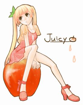 1girl blonde_hair breasts brown_eyes chiori_n commentary_request dress food fruit full_body long_hair looking_to_the_side original sitting small_breasts solo twintails very_long_hair