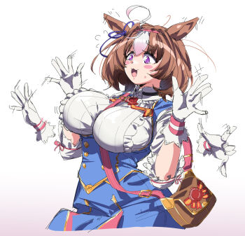 1girl ahoge animal_ears bag between_breasts blue_dress blush bow breasts brown_hair double-parted_bangs dress ear_ribbon gloves hair_between_eyes hairband highres horse_ears horse_girl huaronanago large_breasts long_sleeves meisho_doto_(turbulent_blue)_(umamusume) meisho_doto_(umamusume) multicolored_hair open_mouth pink_hairband purple_eyes short_hair shoulder_bag smile strap_between_breasts sweat two-tone_hair umamusume upper_body white_dress white_gloves white_hair