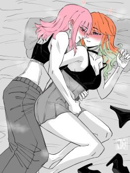2girls alternate_costume babydoll black_babydoll black_negligee black_panties blush breasts commentary couple english_commentary gradient_hair green_hair highres hololive hololive_english jasper_xandros large_breasts lingerie long_hair mori_calliope multicolored_hair multiple_girls negligee nightgown open_mouth orange_hair panties pink_hair purple_eyes see-through_clothes see-through_nightgown steam steaming_body takanashi_kiara underwear virtual_youtuber yuri