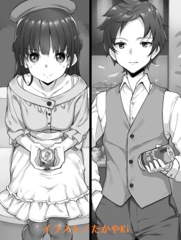 Rule 34 | 1boy, 1girl, artist name, brother and sister, brother and step-sister, can, closed mouth, collarbone, collared shirt, commentary request, dress shirt, greyscale, hand in pocket, hat, highres, holding, holding can, irido mizuto, irido yume, long hair, long sleeves, looking at viewer, mamahaha no tsurego ga moto kano datta, monochrome, novel illustration, official art, pants, pantyhose, second-party source, shirt, short hair, siblings, sitting, skirt, smile, split mouth, step-brother and step-sister, step-siblings, takayaki, three-quarter sleeves, vest