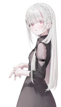 1girl absurdres armlet asumi_sena asumi_sena_(3rd_costume) black_dress braid clothing_cutout cross_hair_ornament dress ear_piercing earrings grey_hair hair_ornament hanada_ten highres jewelry long_hair looking_at_viewer looking_back multicolored_hair parted_lips piercing pink_eyes see-through_clothes see-through_cutout shoulder_cutout simple_background solo streaked_hair upper_body virtual_youtuber vspo! white_background