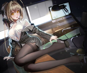 10s 1girl amagi_brilliant_park antenna_hair arm_support artist_name blush bow breasts brown_hair cleavage computer covered_erect_nipples dress_shirt eyelashes female_focus formal_clothes hair_bow hair_intakes high_heels highres large_breasts long_hair looking_at_viewer lying off_shoulder office_lady okingjo on_side open_clothes open_mouth open_shirt panties panties_under_pantyhose pantyhose pencil_skirt pinstripe_pattern pinstripe_suit ponytail sento_isuzu shirt shoe_dangle shoes skirt solo striped suit table taut_clothes taut_shirt thighband_pantyhose tongue unbuttoned underwear very_long_hair yellow_eyes