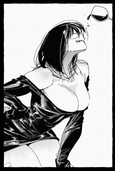 1girl :p bandaid_on_thigh black_border border breasts cleavage cup dress drinking_glass hachinuki_tessei hair_between_eyes hand_on_own_hip hand_on_own_thigh jimiko jitome large_breasts looking_up medium_hair mob_face original she_(hachinuki_tetsuyo) short_dress simple_background solo tongue tongue_out white_background wine_glass