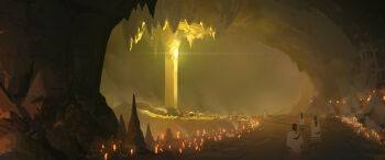 absurdres cave_interior commentary english_commentary highres ken_darmadi original people robe scenery temple walking white_robe yellow_theme