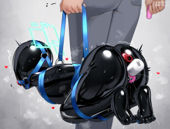 Rule 34 | 1boy, 1girl, absurdres, anal beads, aris (blue archive), artist name, ass, bdsm, blue archive, bodysuit, bondage, bound, carrying, carrying person, double penetration, drooling, gagged, gimp suit, green halo, grey background, grey pants, halo, heart, highres, latex, latex bodysuit, luggage bondage, maguro27, pants, pussy juice, remote control vibrator, sex toy, skin tight, steaming body, vibrator